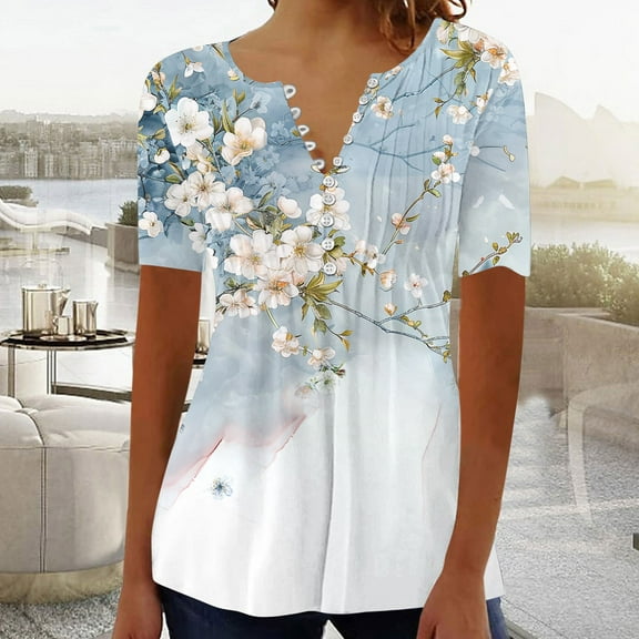 Summer Tops for Women Plus Size ShirtsTrendy Boho Floral Print Tunic Top Short Sleeve Button Pleated V-Neck Tshirt Casual Loose Blouse Pullover