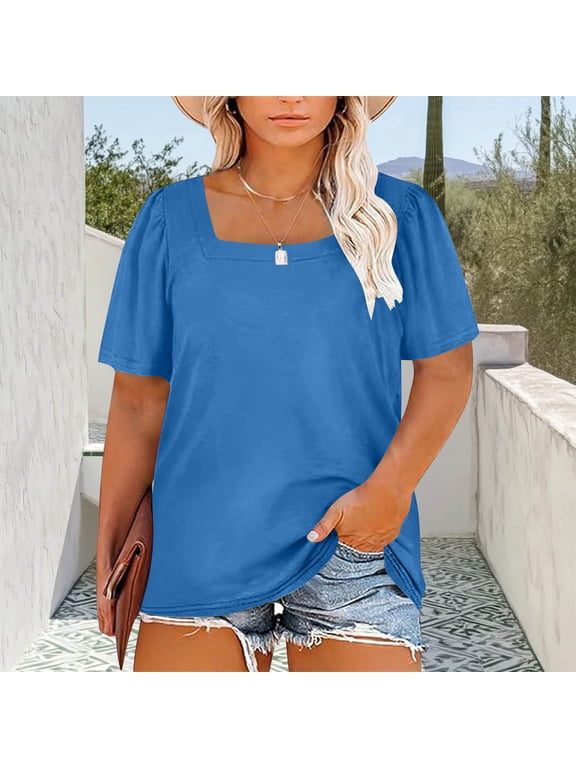 Summer Tops for Women Plus Size Square Neck Puff Sleeve Cotton Like T Shirts Womens Casual Solid Oversized Lightweight Comfy Short Sleeve Tee Shirt