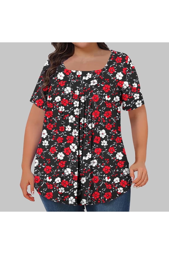 Summer Tops for Women Plus Size Square Neck Shirt Dressy 2025 Boho Floral Print Tees Loose Fit Pleated Ruffle Swing Tops ,L-5XL