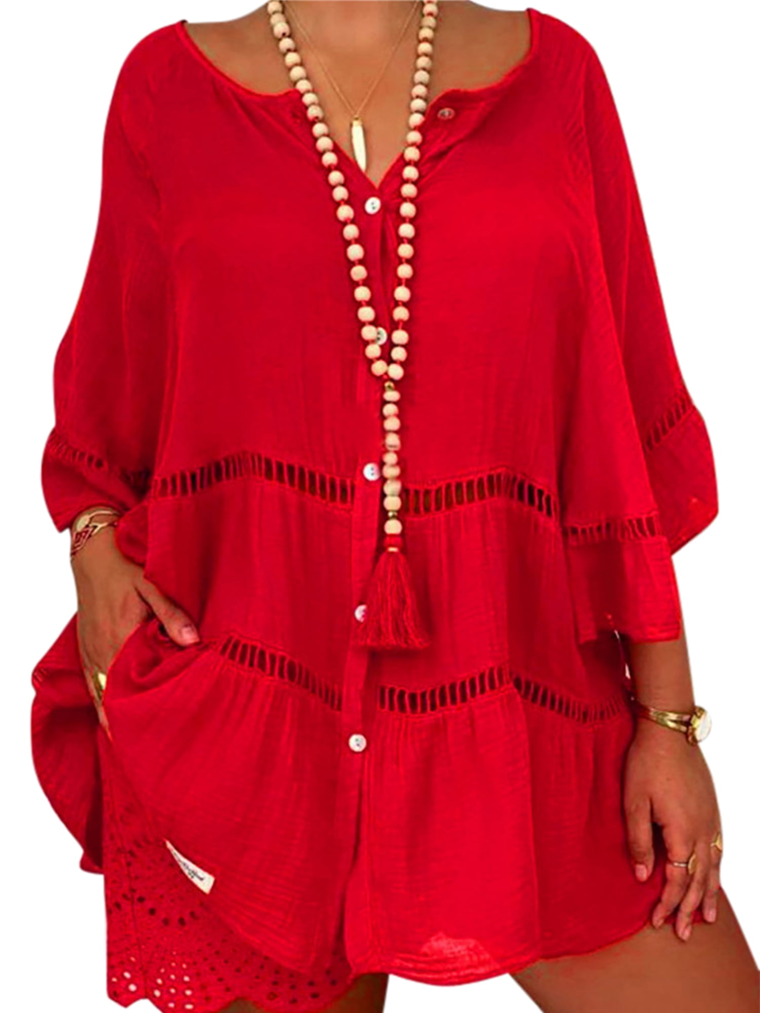 Summer Tops for Women Plus Size Tunic Flare Ruffle Blouse 3/4 Sleeve V ...