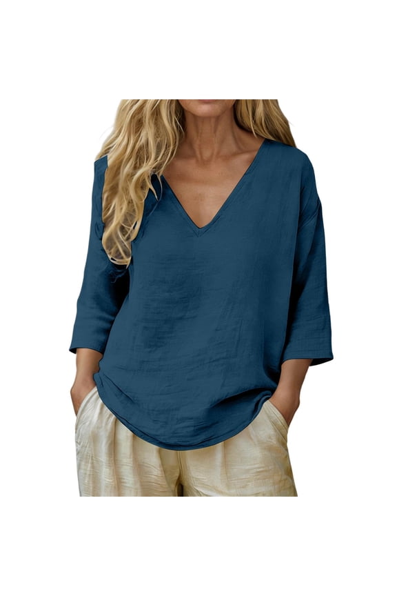 Summer Tops for Women Pure Color 3/4 Sleeve V Neck Petite Clothing for Women,Blue,L