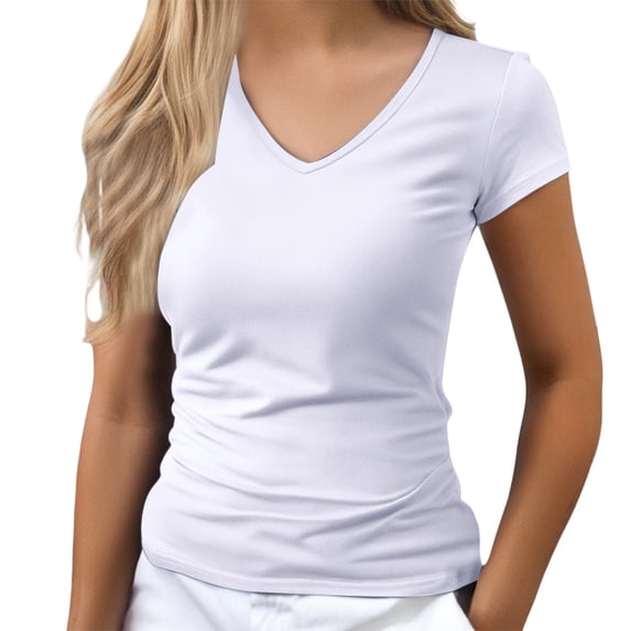 Summer Tops for Women Regular Shoulder Slim Fit Versatile Solid Color V Neck Short Sleeve T Shirt