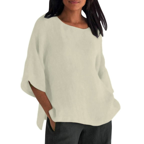 Summer Tops for Women Relax Fit Solid Color 3/4 Sleeved Crew Neck Tee Shirt Vacation Blouses Trendy 2025