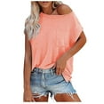 thumbnail image 1 of Summer Tops for Women Round Neck Solid Color Short Sleeve Basic Blouse Tee Casual Comfy Tunic Shirts with Pockets Ladies Clothes, 1 of 5