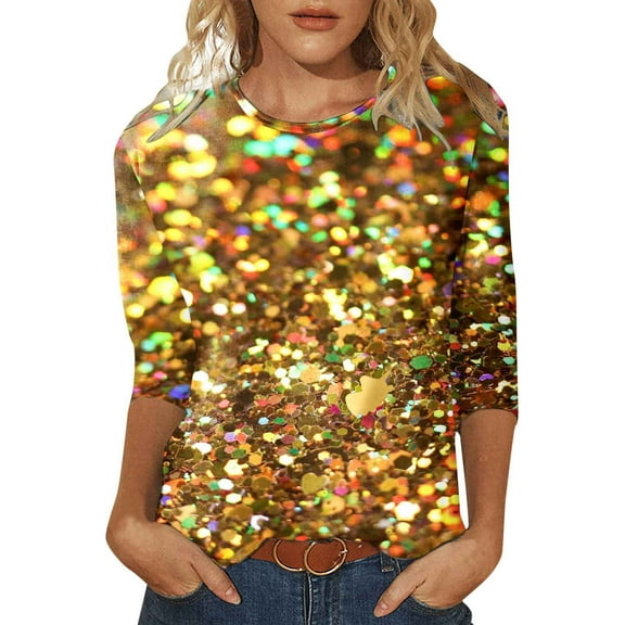 Summer Tops for Women Sequin Casual Printed Round Neck Loose Sleeved Quarter Sleeved Oversized Tshirts for Women Gold M