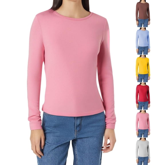 Summer Tops for Women Sexy Casual Long Sleeve Crew-neck Pink Blouse Tees XS-L