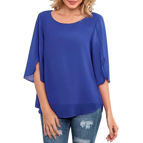 Summer Tops for Women, Shirts for Women, Women's Loose Half Sleeve Chiffon Double Layer Top Stylish Crew Neck Flowy Shirt for Fashion-Forward Ladies