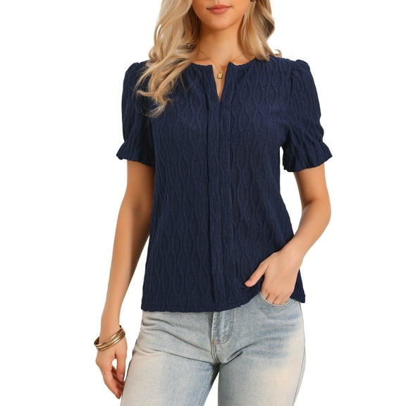 Summer Tops for Women Short Puff Sleeve V Neck Blouses Dressy Casual Clothes Outfits 2025 M Navy Blue