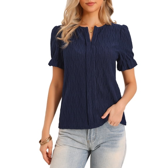 Summer Tops for Women Short Puff Sleeve V Neck Dressy Casual Blouse Textured Outfits 2026 XS Navy Blue