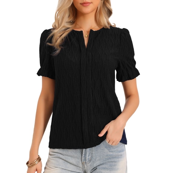 Summer Tops for Women Short Puff Sleeve V Neck Dressy Casual Blouse Textured Outfits 2026 S Black