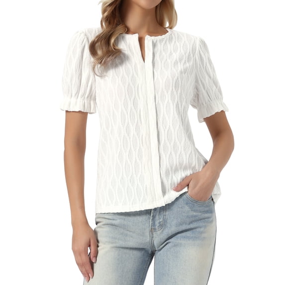 Summer Tops for Women Short Puff Sleeve V Neck Dressy Casual Blouse Textured Outfits 2026 XS White