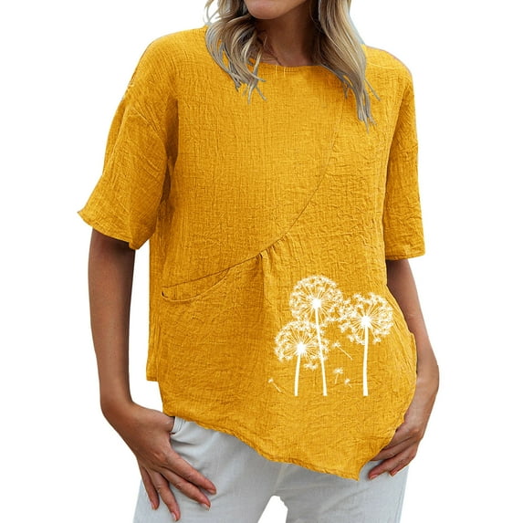 Summer Tops for Women Short Sleeve Basic Linen T Shirts Blouses Crewneck Dandelion Print Loose Comfy Tunic Tee Tops