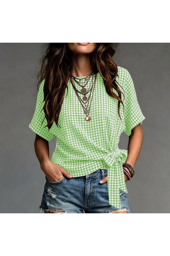 Summer Tops for Women Short Sleeve Tshirts Womens Plaid Printed Tie Front Crew Neck Casual Tshirt Shirts