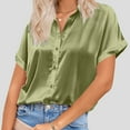 thumbnail image 1 of Summer Tops for Women Silk Button Down Satin Short Sleeve V Neck Casual Work Blouse Shirts for Women GN2 S, 1 of 5