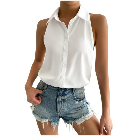 Summer Tops for Women Sleeveless Button Down Blouses Solid Casual Loose V Neck Tank Summer Shirts for Women White XL
