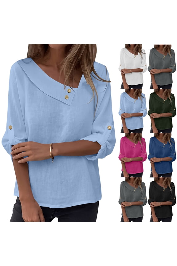 Summer Tops for Women Solid Color Asymmetrical V‑Neck 3/4 Sleeve Roll‑Tab Top Gold Button Decor Cotton-Linen Soft Daily Wear Blouses