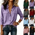 thumbnail image 1 of Summer Tops for Women Solid Color Collared 3/4 Sleeve Button Front Shirt Dual Chest Pockets Casual Lightweight Daily Wear Tops, 1 of 7