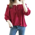 thumbnail image 1 of Summer Tops for Women Solid Ruffle Hem Off Shoulder 3/4 Sleeve Lace Up Athletic Blouse Red XL, 1 of 3