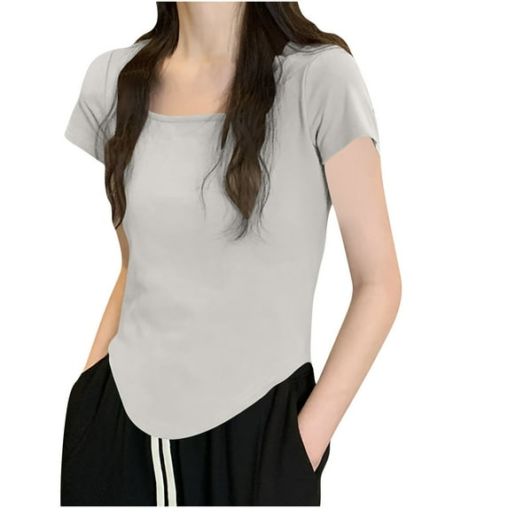 Summer Tops for Women Square Neck Slim Fit Short Sleeve Blouses Trendy Dressy Casual Solid Color Basic Shirts (L, Gray)
