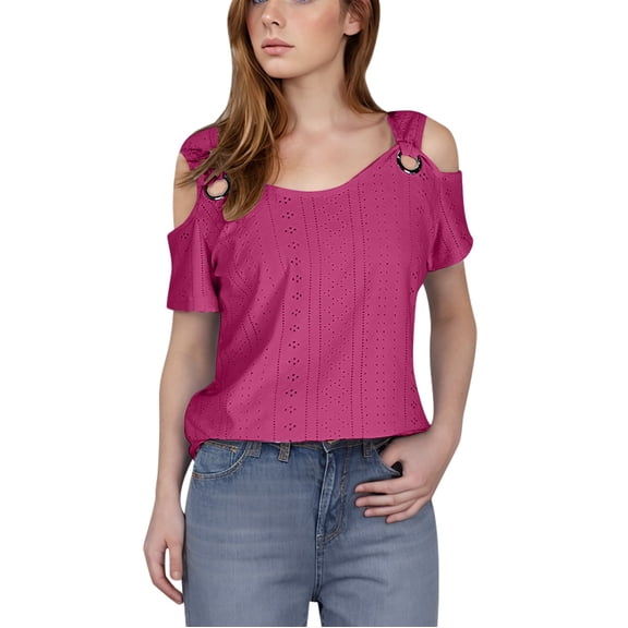 Summer Tops for Women Summer Short Sleeve Cold Shoulder Shirts Classic Tunic Tops Ladies Dressy Casual Blouse Hot Pink 2XL