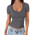thumbnail image 1 of Summer Tops for Women T Shirt Women's V Neck Short Sleeve Tops T Shirt Elegant Basic Ribbed Tee Shirts Slim Fit Plain Tops on Sale, 1 of 6