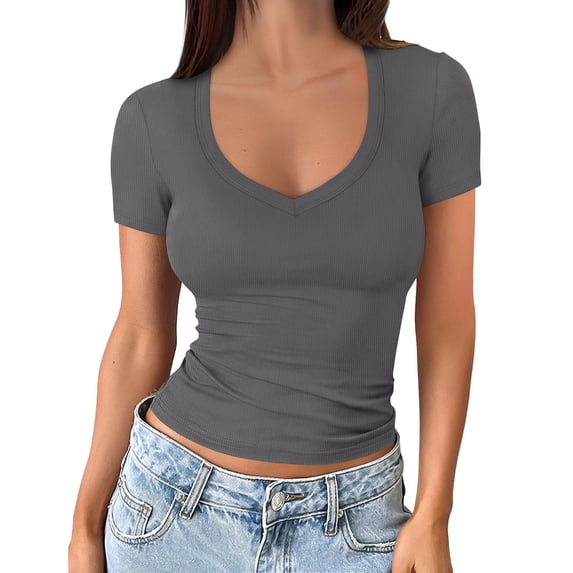 Summer Tops for Women T Shirt Women's V Neck Short Sleeve Tops T Shirt Elegant Basic Ribbed Tee Shirts Slim Fit Plain Tops on Sale