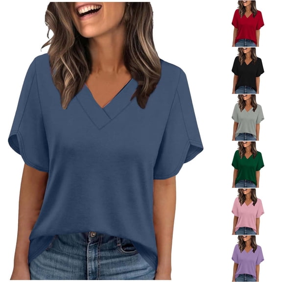 Summer Tops for Women Tank Tops Fashionable Casual V-neck Ruffle Short Sleeved T-shirt Top Navy XXL