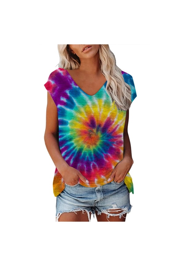 Summer Tops for Women Tie Dye Pattern Casual Printing Short Sleeves V Neck Loose Tshirt T Shirts for Women Purple M