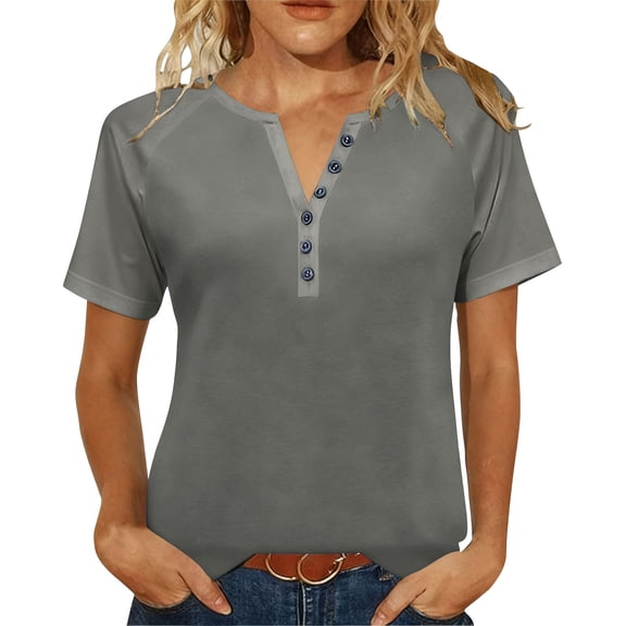 Summer Tops for Women Trendy 2026 Raglan Short Sleeve Henley Neck Tee Shirt Plus Size Casual Loose Fit Tshirts (5XL, Gray)