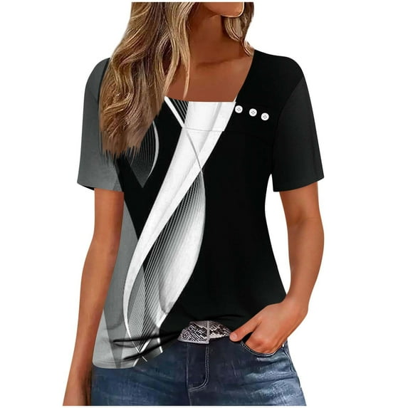 Summer Tops for Women Trendy Boho Floral Print Tunic Shirt Short Sleeve Button V Neck Tshirt Casual Loose Blouse