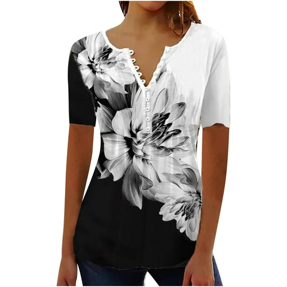 Summer Tops for Women Trendy Boho Floral Print Tunic Shirt Short Sleeve Button V Neck Tshirt Casual Loose Blouse