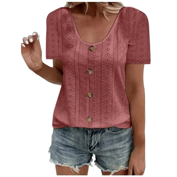 ZunFeo Summer Tops for Women Trendy Hollow Out Cozy Dressy Blouse Short Sleeve Pullover Button Tops Pink