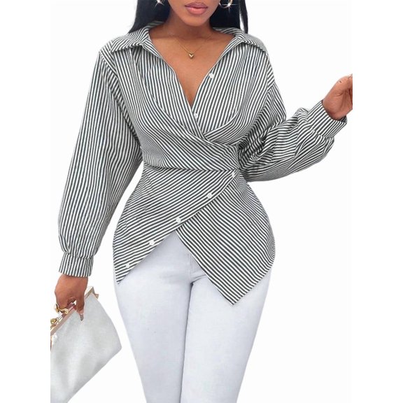 Summer Tops for Women Trendy Striped Button Front Long Sleeve Blouse Black XXL