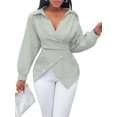 thumbnail image 1 of Summer Tops for Women Trendy Striped Button Front Long Sleeve Blouse Green L, 1 of 6