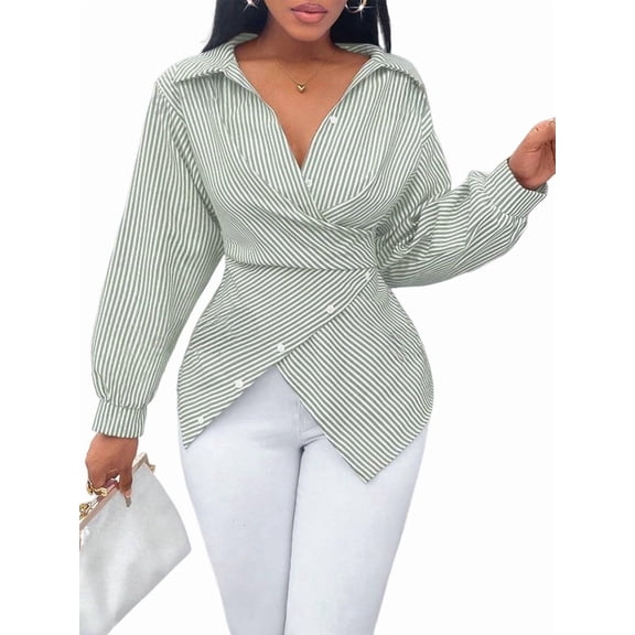 Summer Tops for Women Trendy Striped Button Front Long Sleeve Blouse Green XXL