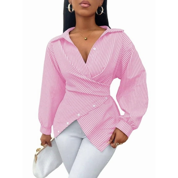 Summer Tops for Women Trendy Striped Button Front Long Sleeve Blouse Pink XL
