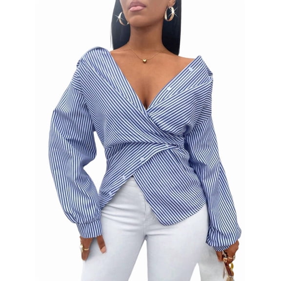 Summer Tops for Women Trendy Striped Button Front Long Sleeve Blouse Sky Blue XL
