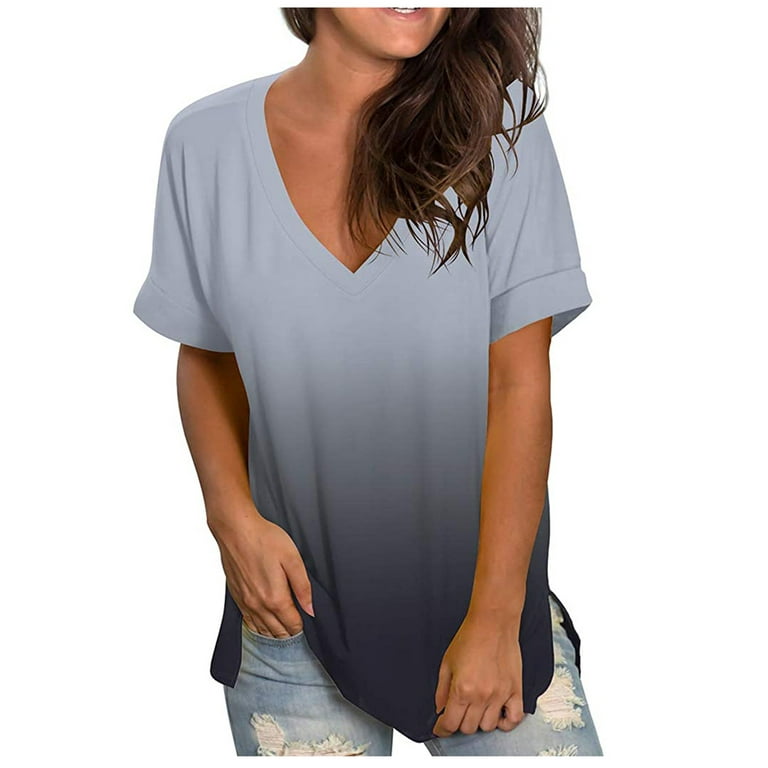 Summer Tops for Women Trendy V Neck Gradient Short Sleeve Blouses