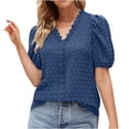 thumbnail image 1 of Summer Tops for Women Trendy V Neck Lace Trim Puff Short Sleeve T Shirt Casual Loose Fit Going out Tunic Blouses, 1 of 6