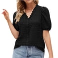 thumbnail image 1 of Summer Tops for Women Trendy V Neck Lace Trim Puff Short Sleeve T Shirt Casual Loose Fit Going out Tunic Blouses, 1 of 6