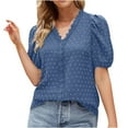 thumbnail image 1 of Summer Tops for Women Trendy V Neck Lace Trim Puff Short Sleeve T Shirt Casual Loose Fit Going out Tunic Blouses, 1 of 5