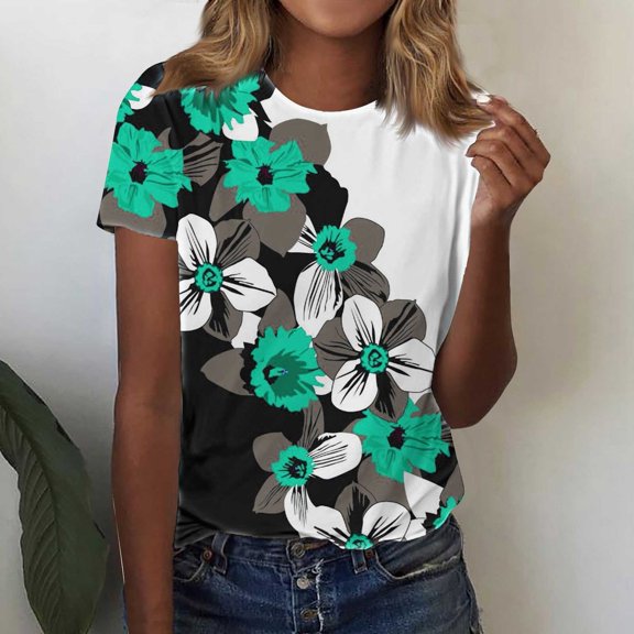 Summer Tops for Women UK 2025 Casual Print Short Sleeve Tops Crew Neck Blouse and Shirts Loose Fit Women T Shirts