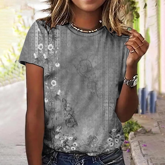 Summer Tops for Women UK 2025 Casual Print Short Sleeve Tops Crew Neck Blouse and Shirts Loose Fit Women T Shirts