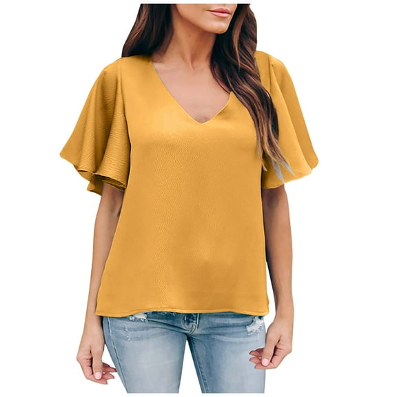 Summer Tops for Women V Neck Flare Short Sleeve Chiffon Shirts Solid Color Casual Lightweight Summer Tee Blouse