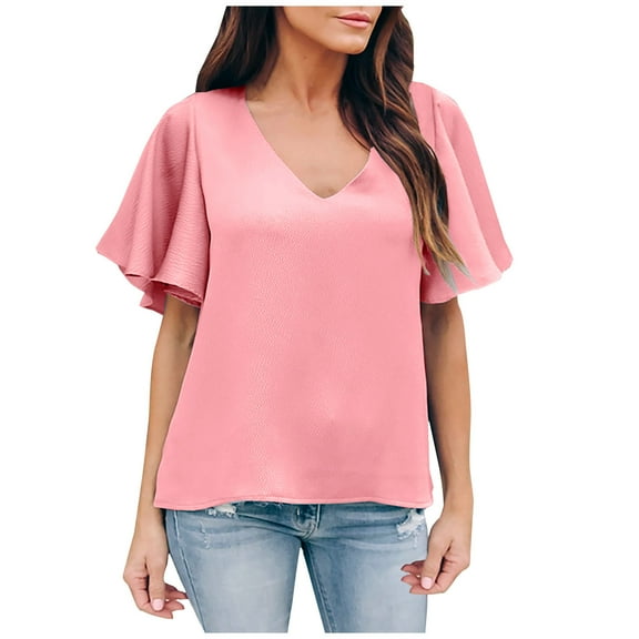 Summer Tops for Women V Neck Flare Short Sleeve Chiffon Shirts Solid Color Casual Lightweight Summer Tee Blouse