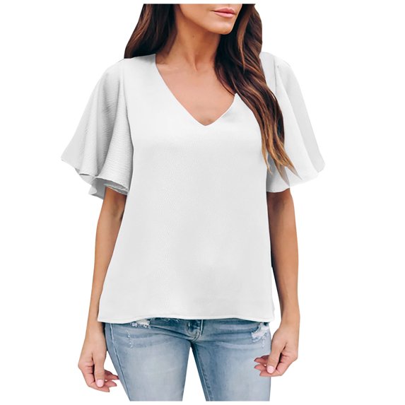 Summer Tops for Women V Neck Flare Short Sleeve Chiffon Shirts Solid Color Casual Lightweight Summer Tee Blouse