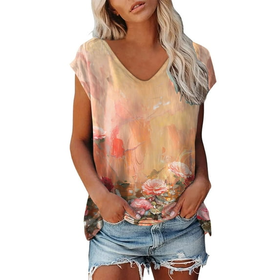 Summer Tops for Women V Neck Plain Short Sleeve Casual Loose Basic Tee Women's Clothing Orange