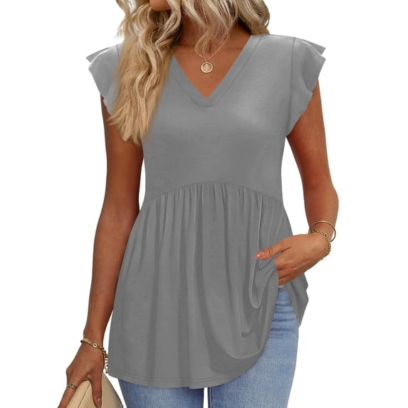 Summer Tops for Women V Neck Ruffle Sleeve Shirts 2026 Spring Dressy Casual Blouses, Gray 2XL