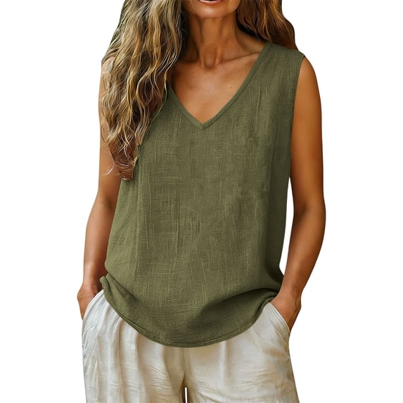 Summer Tops for Women V-Neck Solid Color Braethable Sleeveless Loose Spring Casual Travel Beach Vacation Going Out Tank Tops Army Green S-2XL