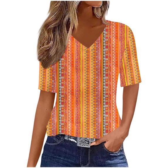 Summer Tops for Women V Neck Striped T Shirts Colorblock Trendy Casual Short Sleeve Base Graphic Tees Plus Size (M, Orange)